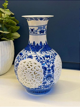 Vaso - Cerâmica - Azul e Branco - 26CM