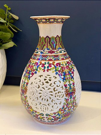 Vaso - Cerâmica - Branco e Colorido - 25CM