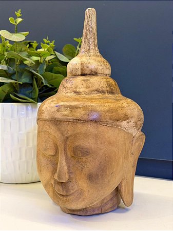 Cabeça Buda - Madeira - Marrom - 31CM