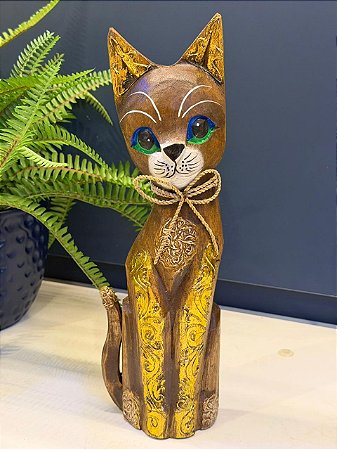 Escultura Gato - Decorativo - Madeira - Marrom e Dourado - 32CM