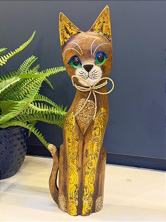 Escultura Gato - Decorativo - Madeira - Marrom e Dourado - 40CM