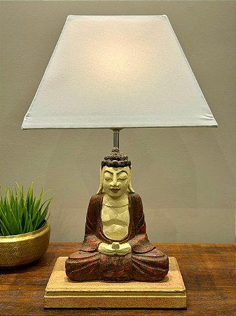 Abajur Buda - Madeira - Com Base - Marrom, Vermelho e Bege - Com Cúpula