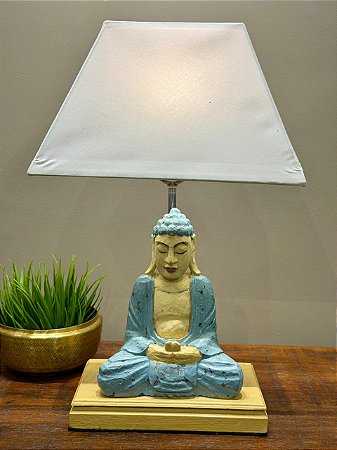 Abajur Buda - Madeira - Com Base - Bege e Azul Claro - Com Cúpula