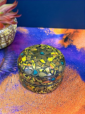 Porta Joias - Metal - Feito à mão - Amarelo, Dourado e Turquesa - 7,5CM