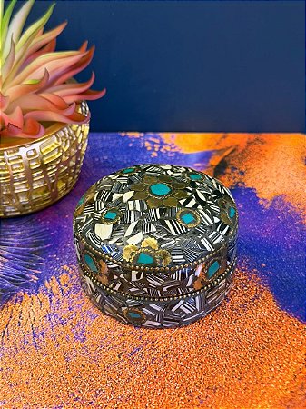 Porta Joias - Metal - Feito à mão - Branco, Preto, Dourado e Turquesa - 7,5CM