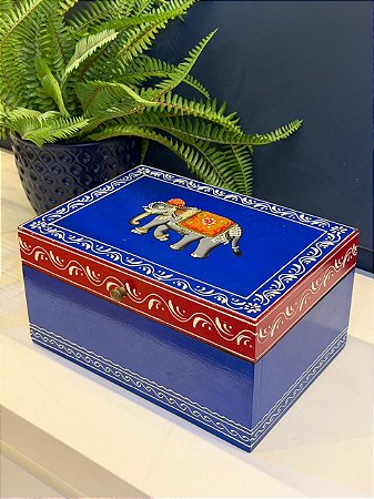 Caixa Decorativa - Porta Joias - Madeira - Pintado á Mão - Azul, Vermelho - 26X18CM