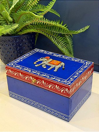 Caixa Decorativa - Porta Joias - Madeira - Pintado á Mão - Azul, Vermelho - 21X14CM