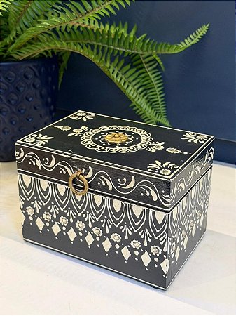 Caixa Decorativa - Porta Joias - Madeira - Pintado á Mão - Preto e Branco - 16X11CM