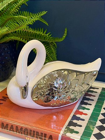 Cisne Decorativo - Cerâmica - Branco e Prata - 17CM