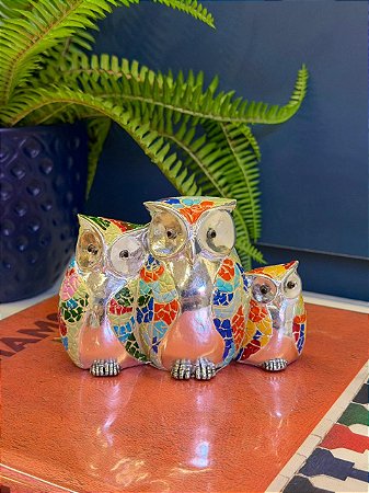 Trio Coruja - Decorativa - Resina - Prata e Colorido - 9CM
