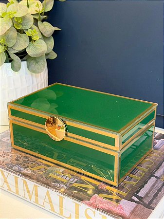 Caixa Decorativa - Vidro - Porta Joias - Verde e Dourado - 21X14CM