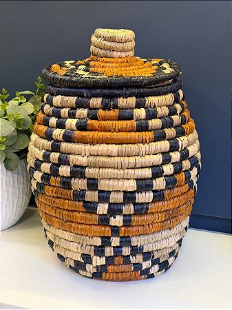 Cesto - Fibra Natural - Azul Marinho e Amarelo - 42CM