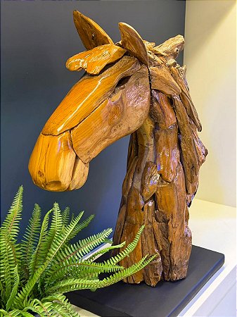 Escultura Cavalo Decorativo - Madeira - 72CM