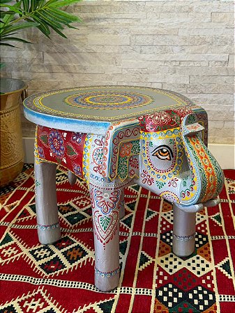 Banqueta - Elefante - Madeira - Pintado à mão - Prateado e Colorido - 38cm