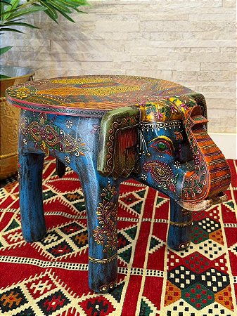 Banqueta - Elefante - Madeira - Pintado à mão - Azul e Colorido - 37cm