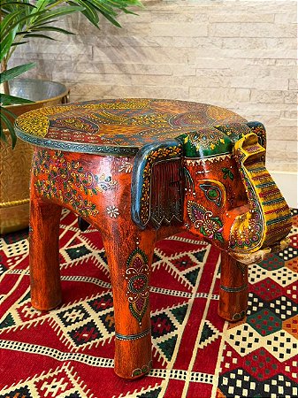 Banqueta - Elefante - Madeira - Pintado à mão - Laranja e Colorido - 36cm