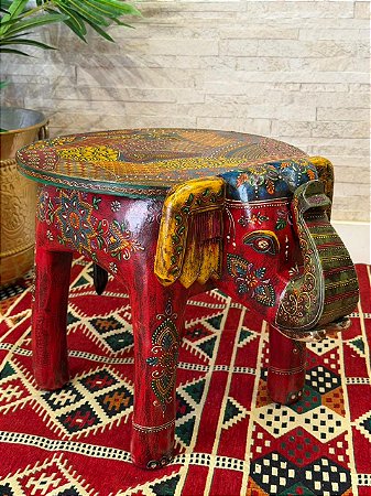 Banqueta - Elefante - Madeira - Pintado à mão - Vermelho e Colorido - 37cm