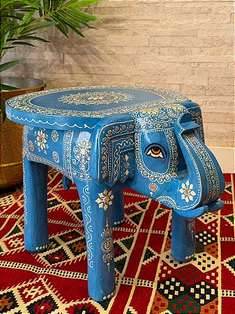 Banqueta - Elefante - Madeira - Pintado à mão - Azul e Branco - 37cm