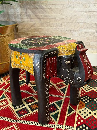 Banqueta - Elefante - Madeira - Pintado à Mão - Preto e Colorido - 32cm