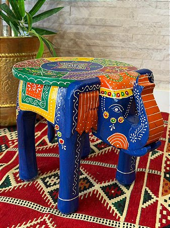 Banqueta - Elefante - Madeira - Pintado à Mão - Azul e Colorido - 32cm