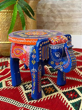 Banqueta - Elefante - Madeira - Pintado à mão - Azul e Colorido - 21cm