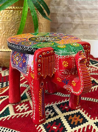 Banqueta - Elefante - Madeira - Pintado à mão - Vermelho e Colorido - 16cm
