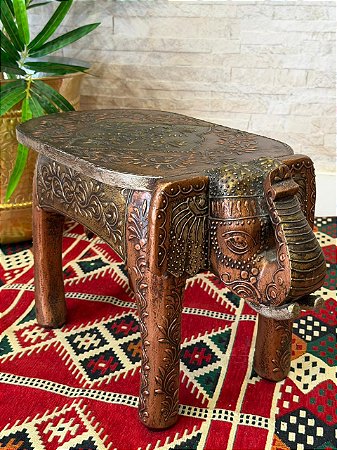 Banqueta - Elefante - Madeira - Pintado à Mão - Cobre e Dourado - 32cm