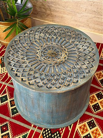 Caixa Baú - Indiano - Madeira Entalhada - Pintado à mão - Azul