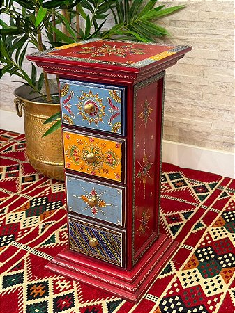 Gaveteiro - Madeira - Pintado à mão - 4 Gavetas - Vermelho e Colorido