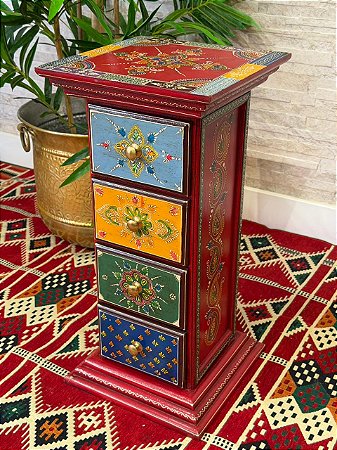 Gaveteiro - Madeira - Pintado à mão - 4 Gavetas - Vermelho e Colorido