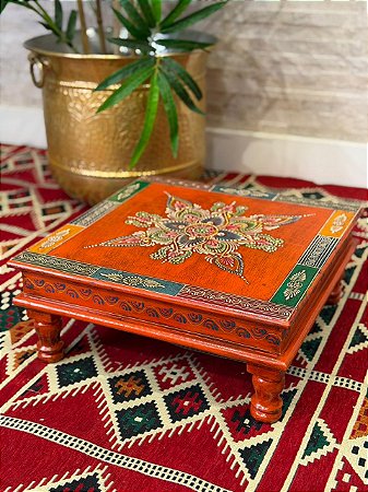 Mesa Madeira - Pintado à Mão - Laranja e Colorido - 38CM