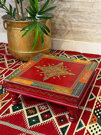 Mesa Madeira - Pintado à Mão - Vermelho e Colorido - 38CM