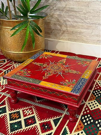 Mesa Madeira - Pintado à Mão - Vermelho e Colorido - 38CM