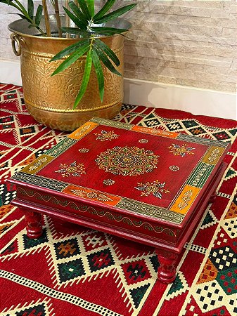 Mesa Madeira - Pintado à Mão - Vermelho e Colorido - 38CM