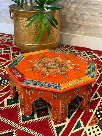 Mesa Madeira - Pintado à Mão - Laranja e Colorido - 41CM