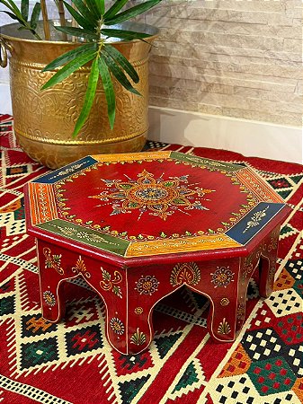 Mesa Madeira - Pintado à Mão - Vermelho e Colorido - 41CM