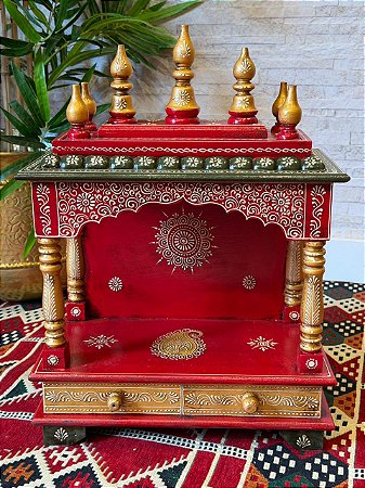 Escultura Altar Indiano - Decorativo - Pintado à mão - Vermelho e Colorido