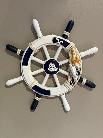 Escultura Leme Náutico - Decorativo - Madeira - Branco e Azul