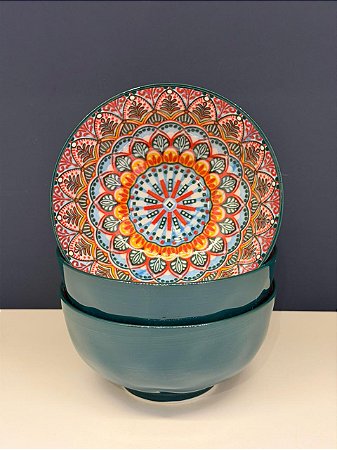 Bowl - Cerâmica - Verde Escuro e Colorido - Tamanho Médio