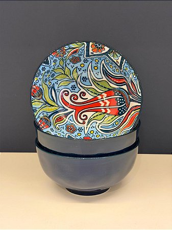 Bowl - Cerâmica - Verde Escuro e Colorido - Tamanho Médio