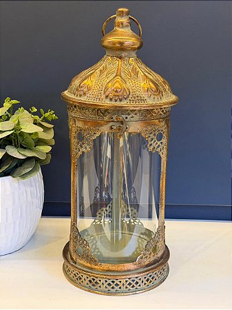 Lanterna - Metal - Ouro Envelhecido e Verde - 42CM