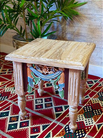 Mesa Madeira Entalhada - Pintado à Mão - Pátina e Colorido 41CM