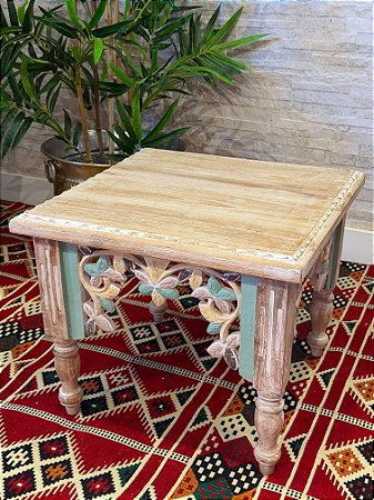 Mesa Madeira Entalhada - Pintado à Mão - Pátina, Verde e Amarelo - 42CM