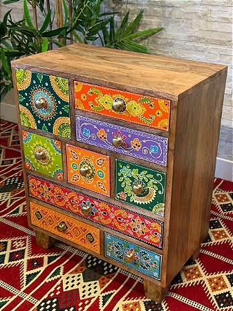 Gaveteiro em Madeira - Pintado à Mão - Colorido