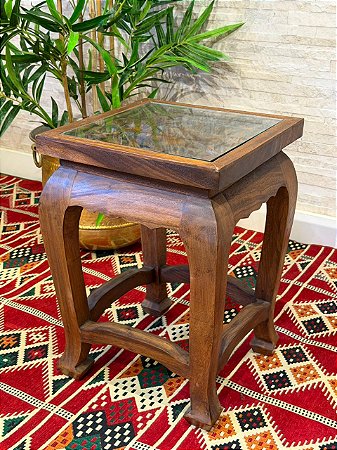 Mesa Madeira Entalhada - Vidro - Marrom