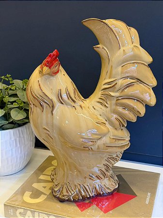 Galo Decorativo - Cerâmica - Bege e Vermelho - 42CM