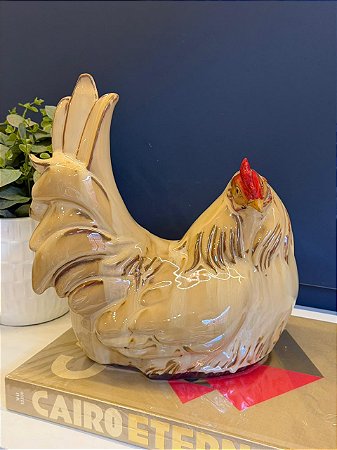 Galinha Decorativa - Cerâmica - Bege e Vermelho - 29CM
