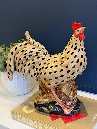 Galo Decorativo - Cerâmica - Bege e Colorido - 36CM