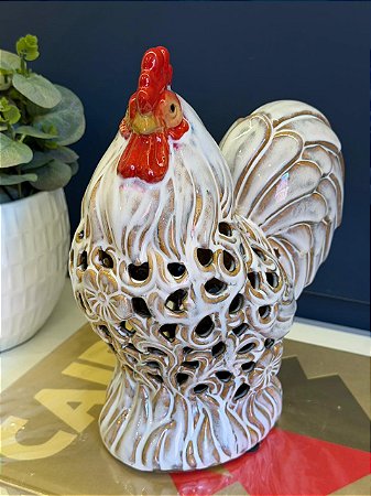 Galo Decorativo - Cerâmica - Branco, Vermelho e Marrom - 27CM