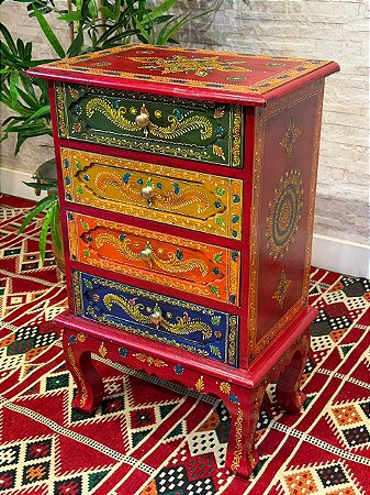 Gaveteiro em Madeira - Pintado à mão - 4 Gavetas - Vermelho e Colorido